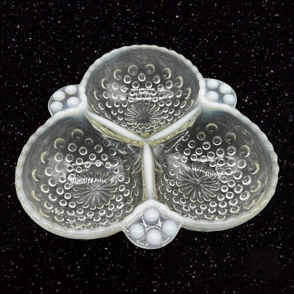 Anchor Hocking Opalescent Moonstone Relish Candy Dish Divided Bowl 1.5”T 6.5”W - Picture 6 of 12